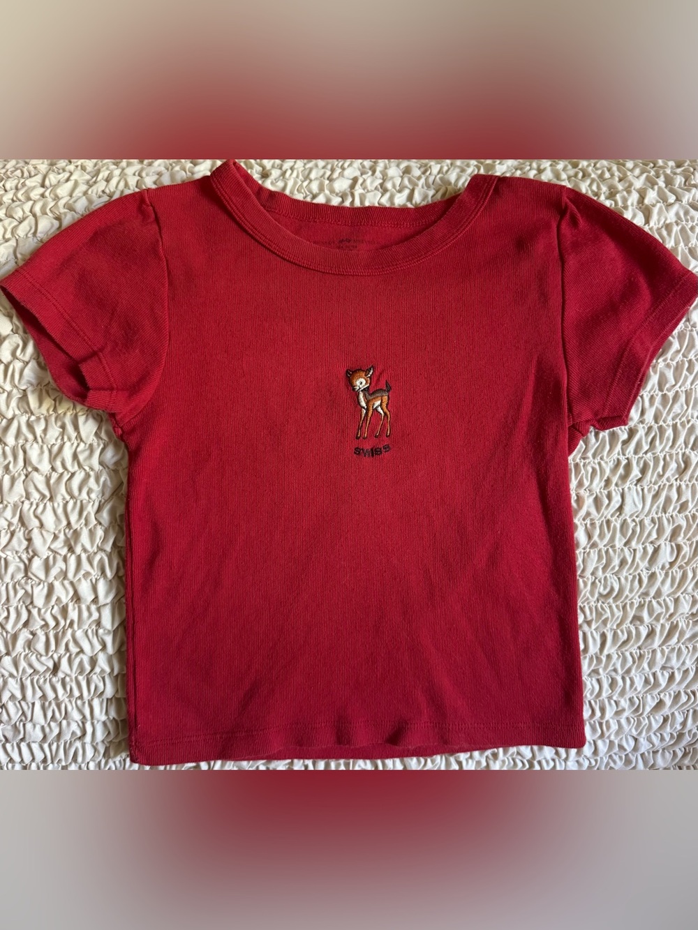Brandy Melville Red Swiss Deer Logo Baby Tee